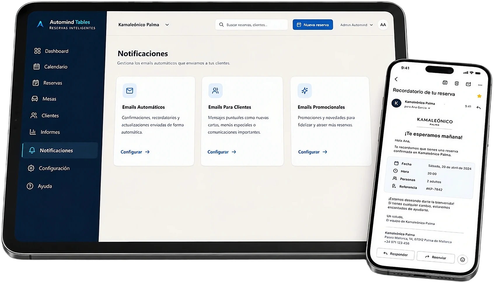 Hub de notificaciones de AutoMind Tables: emails automáticos, para clientes y promocionales