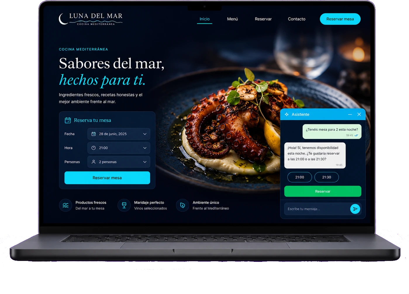 Mockup de web inteligente para restaurante en portátil, con el Asistente en chat y reservas